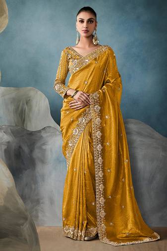 Mustard tissue embroidered sequins and zari work saree