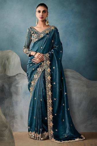Teal tissue embroidered sequins and zari work saree