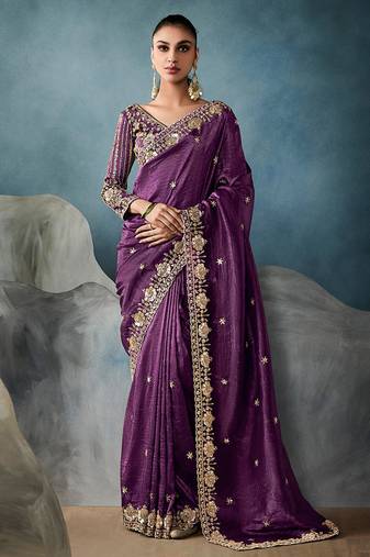Purple tissue embroidered sequins and zari work saree