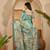 Teal marble print linen zari saree with belt fancy digital print zari border festive wear saree