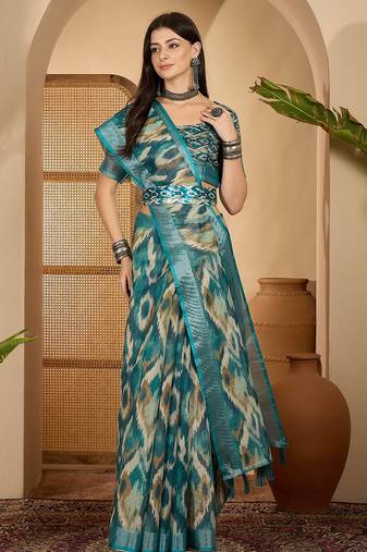 Teal ikat print linen zari saree with belt digital print zari border festive party wear saree
