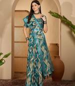 Teal ikat print linen zari saree with belt digital print zari border festive party wear saree