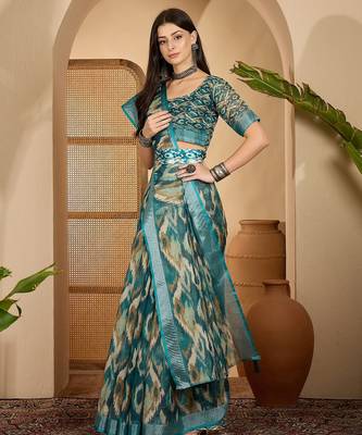 Teal ikat print linen zari saree with belt digital print zari border festive party wear saree 4