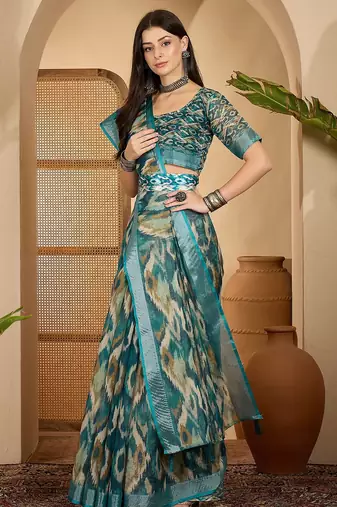 Teal ikat print linen zari saree with belt digital print zari border festive party wear saree