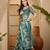 Teal ikat print linen zari saree with belt digital print zari border festive party wear saree