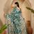 Teal ikat print linen zari saree with belt digital print zari border festive party wear saree