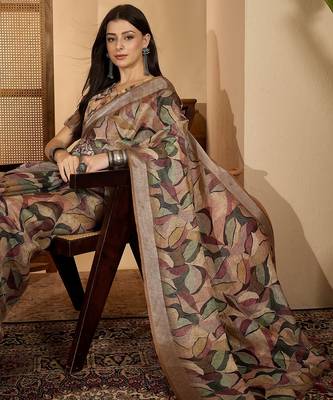 Beige leaf print linen zari saree with belt fancy digital print zari border festive casual saree 1
