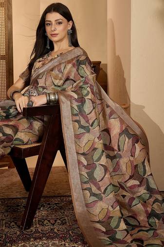 Beige leaf print linen zari saree with belt fancy digital print zari border festive casual saree