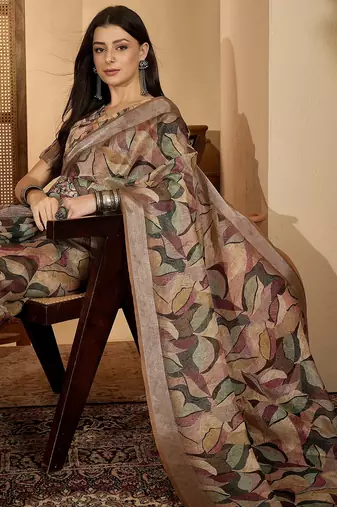 Beige leaf print linen zari saree with belt fancy digital print zari border festive casual saree
