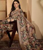 Beige leaf print linen zari saree with belt fancy digital print zari border festive casual saree