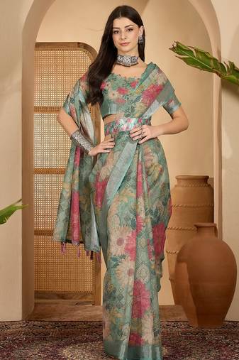 Mint green floral print linen zari saree with belt digital print zari border designer saree