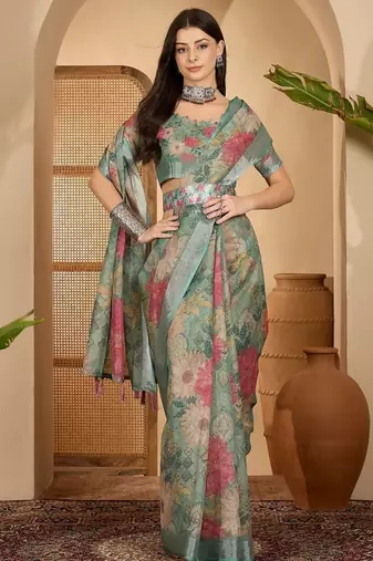 Mint green floral print linen zari saree with belt digital print zari border designer saree