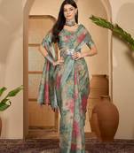 Mint green floral print linen zari saree with belt digital print zari border designer saree