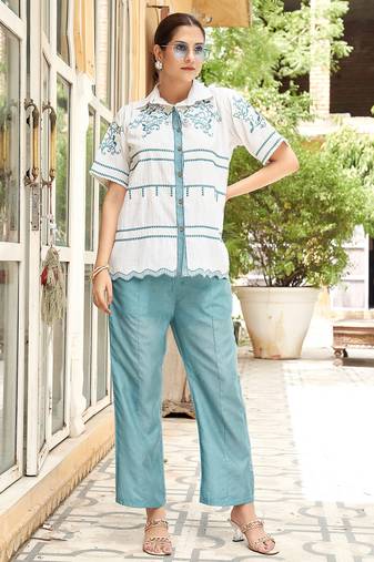Embroidered Pure Cotton Shirt With Trousers Co-ords