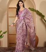 Lavender floral print linen zari saree with belt digital print zari border designer saree