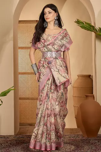 Beige pink floral print linen zari saree with belt digital print zari border festive party saree