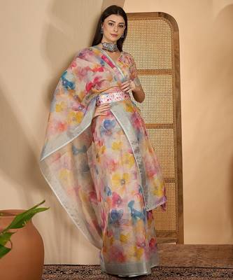 Multicolor butterfly print linen zari saree with belt digital print zari border party wear saree 1