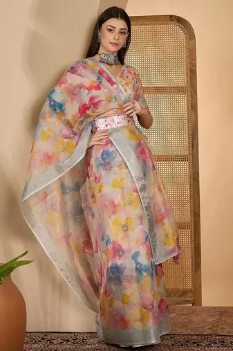 Multicolor butterfly print linen zari saree with belt digital print zari border party wear saree