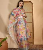 Multicolor butterfly print linen zari saree with belt digital print zari border party wear saree