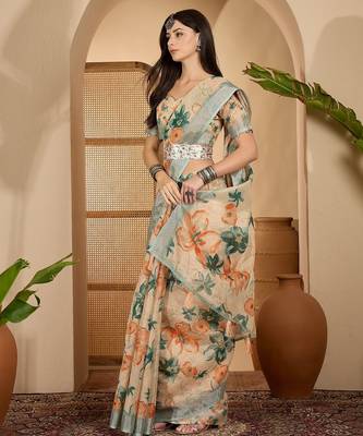 Beige floral digital print linen zari saree with belt zari border lightweight festive saree 1