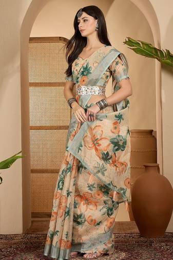 Beige floral digital print linen zari saree with belt zari border lightweight festive saree
