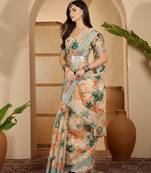 Beige floral digital print linen zari saree with belt zari border lightweight festive saree