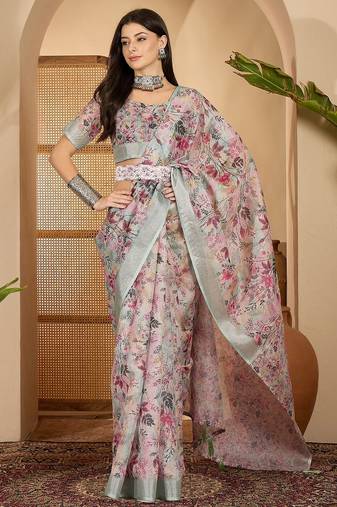 Pastel floral digital print linen silver zari saree with belt lightweight festive saree for women