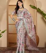 Pastel floral digital print linen silver zari saree with belt lightweight festive saree for women