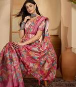 Pink linen silver zari saree with belt trendy digital printed saree for festivals & casual wear