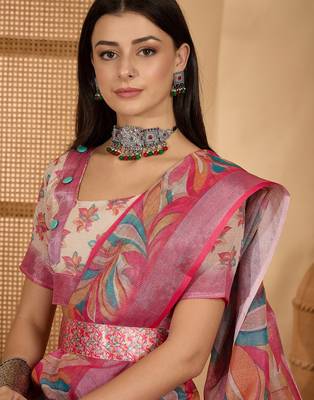 Pink linen silver zari saree with belt trendy digital printed saree for festivals & casual wear 5