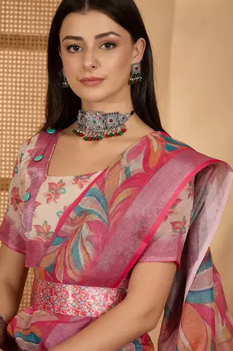 Pink linen silver zari saree with belt trendy digital printed saree for festivals & casual wear
