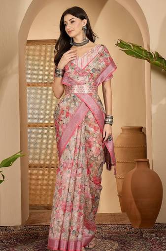 Linen silver zari pink floral digital printed saree with designer waist belt premium festive saree