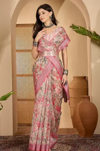 Linen silver zari pink floral digital printed saree with designer waist belt premium festive saree