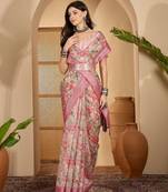 Linen silver zari pink floral digital printed saree with designer waist belt premium festive saree