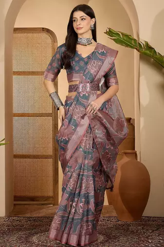 Elegant linen silver zari dark grey-pink floral digital printed saree with designer belt festive saree