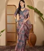 Elegant linen silver zari dark grey-pink floral digital printed saree with designer belt festive saree