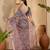 Elegant linen silver zari dark grey-pink floral digital printed saree with designer belt festive saree