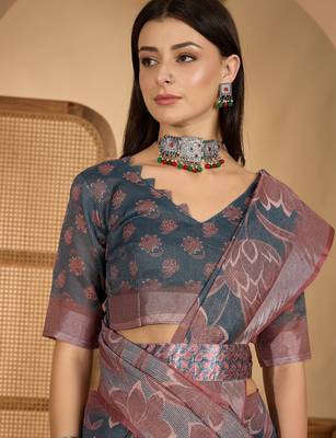 Elegant linen silver zari dark grey-pink floral digital printed saree with designer belt festive saree 5