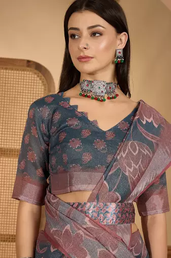 Elegant linen silver zari dark grey-pink floral digital printed saree with designer belt festive saree