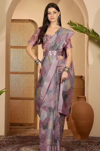 Trendy linen silver zari multi-color abstract digital print saree with belt party wear saree