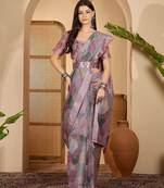 Trendy linen silver zari multi-color abstract digital print saree with belt party wear saree