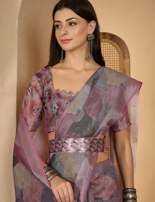 Trendy linen silver zari multi-color abstract digital print saree with belt party wear saree 5