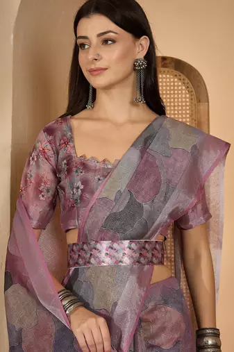 Trendy linen silver zari multi-color abstract digital print saree with belt party wear saree