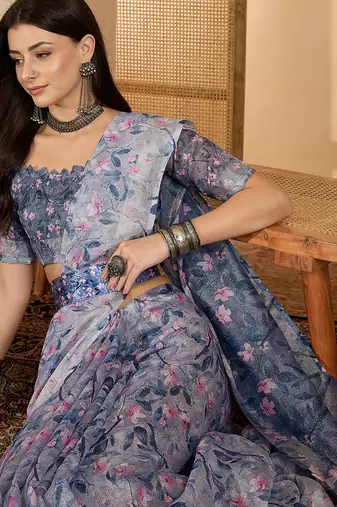 Elegant linen silver zari blue floral digital print saree with belt & tassel detail party wear