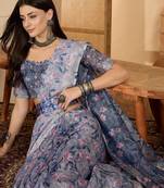 Elegant linen silver zari blue floral digital print saree with belt & tassel detail party wear