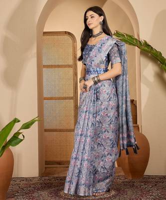 Elegant linen silver zari blue floral digital print saree with belt & tassel detail party wear 2