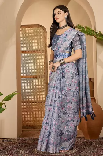 Elegant linen silver zari blue floral digital print saree with belt & tassel detail party wear