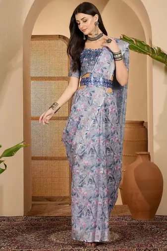 Elegant linen silver zari blue floral digital print saree with belt & tassel detail party wear