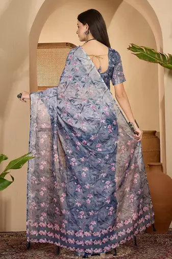 Elegant linen silver zari blue floral digital print saree with belt & tassel detail party wear