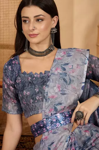 Elegant linen silver zari blue floral digital print saree with belt & tassel detail party wear